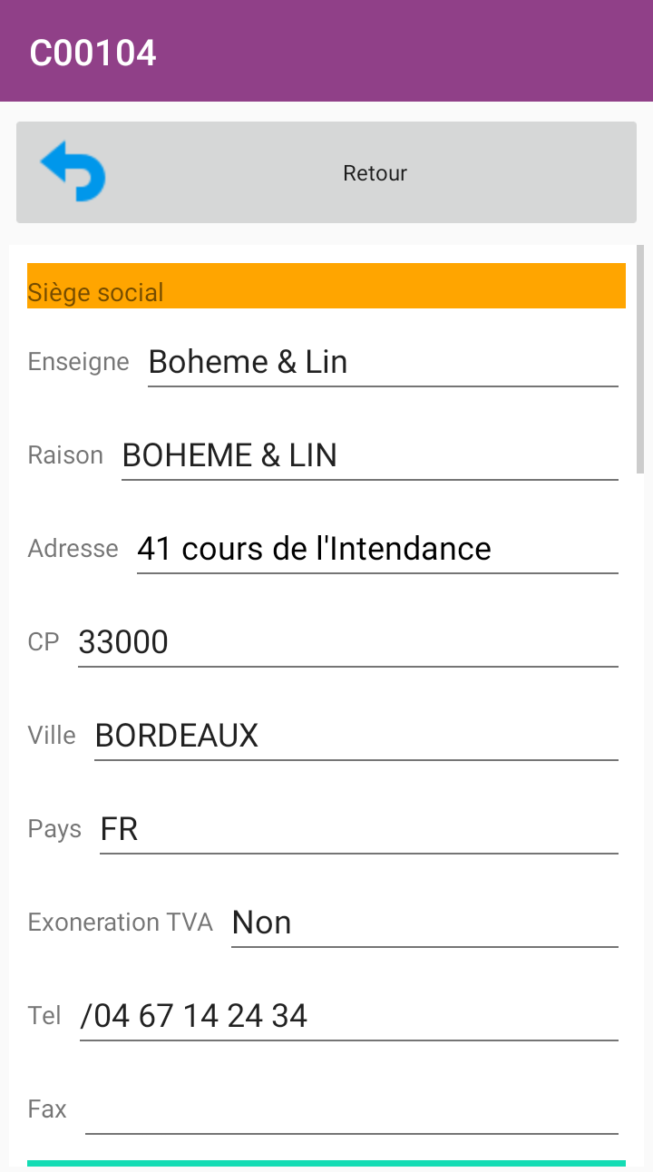 Fiche client : enseigne, raison sociale, adresse, ville, pays et téléphone