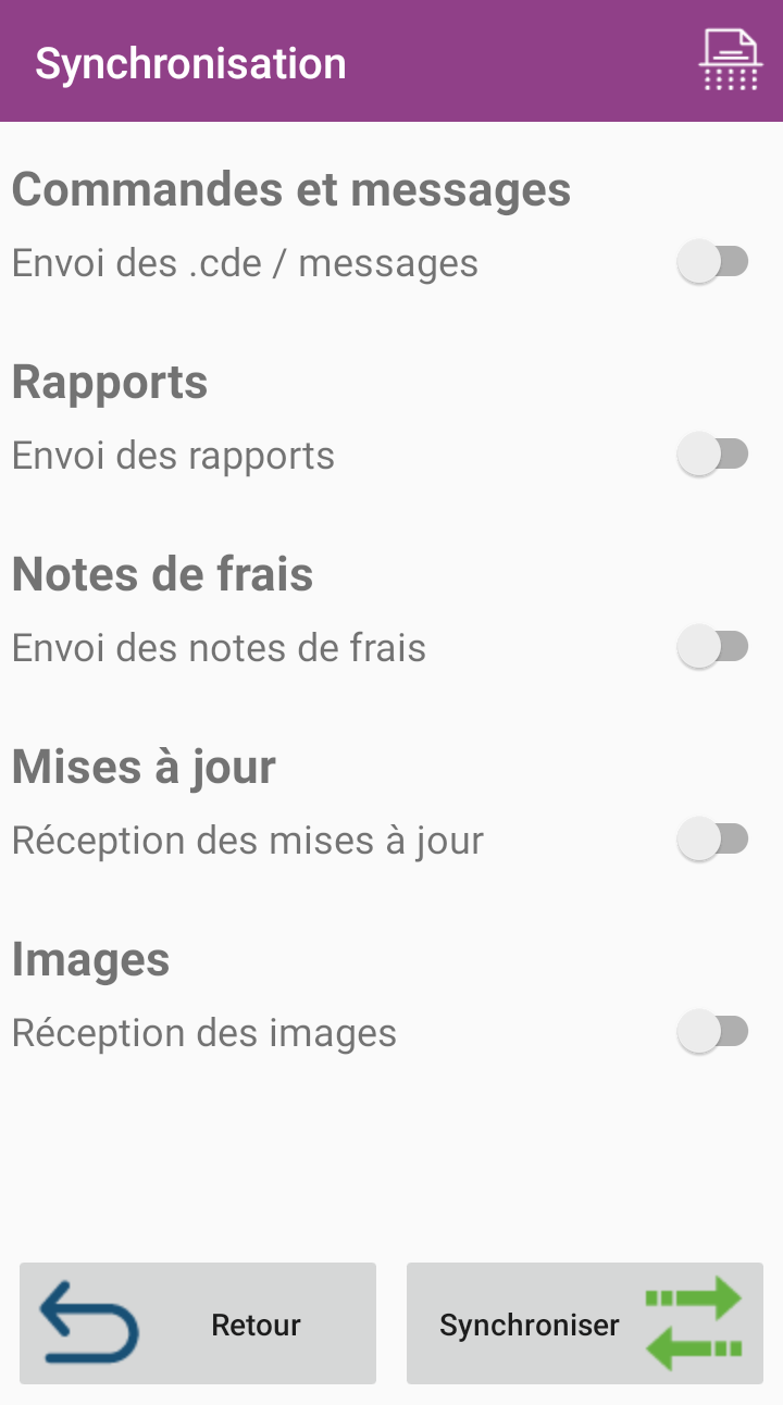 Écran Synchronisation : commandes et messages, rapports, notes de frais, mises à jour et images